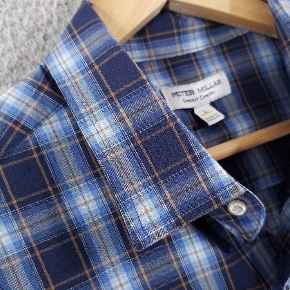 Peter Millar Shirt Mens Large Blue Summer Comfort Performance Sport Tech Plaid